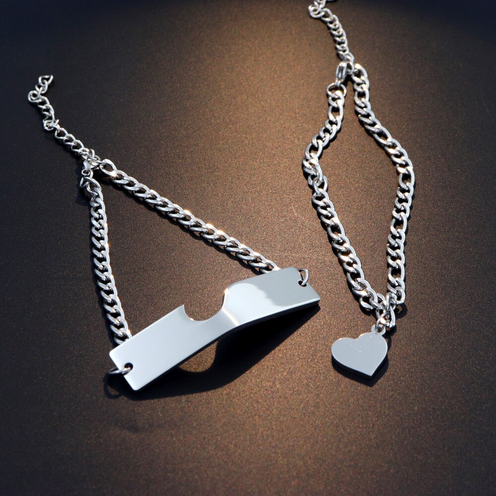 Pulseras Para Parejas Acero Inoxidable Placa y Corazon Embonan Plateadas