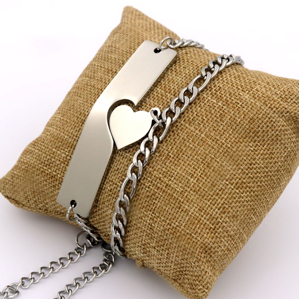 Pulseras Para Parejas Acero Inoxidable Placa y Corazon Embonan Plateadas