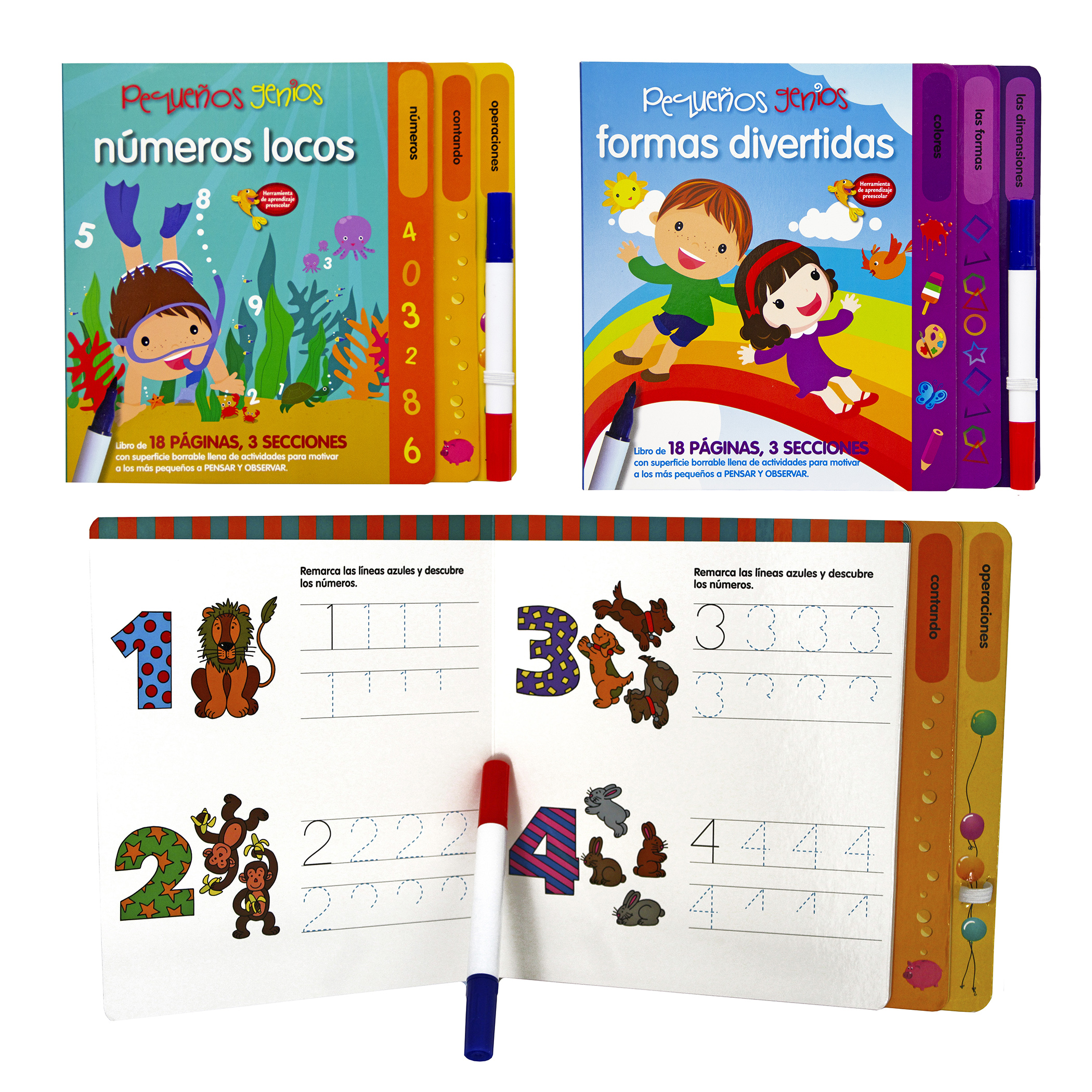 Formas y Números, 2 libros Borrables, Incluye 2 Plumones Bicolores, Infantiles