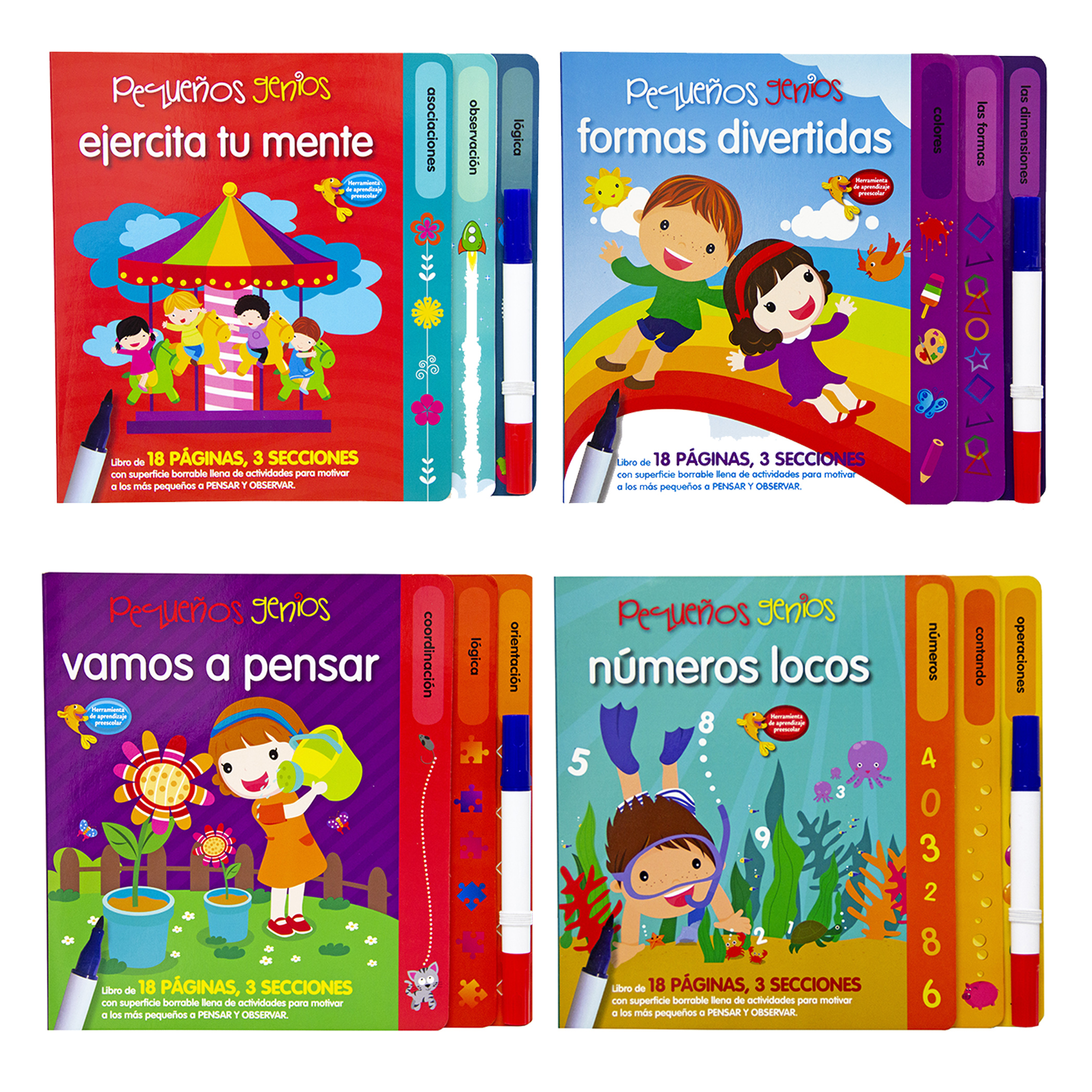 4 Libros Borrables, Formas, Lógica, Colores y Números, Incluye 4 Plumones