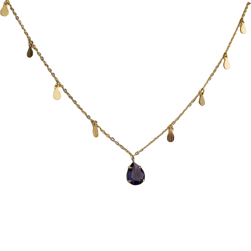 Collar Cristal Gota Morada- Baño de Oro 18K- Dorado