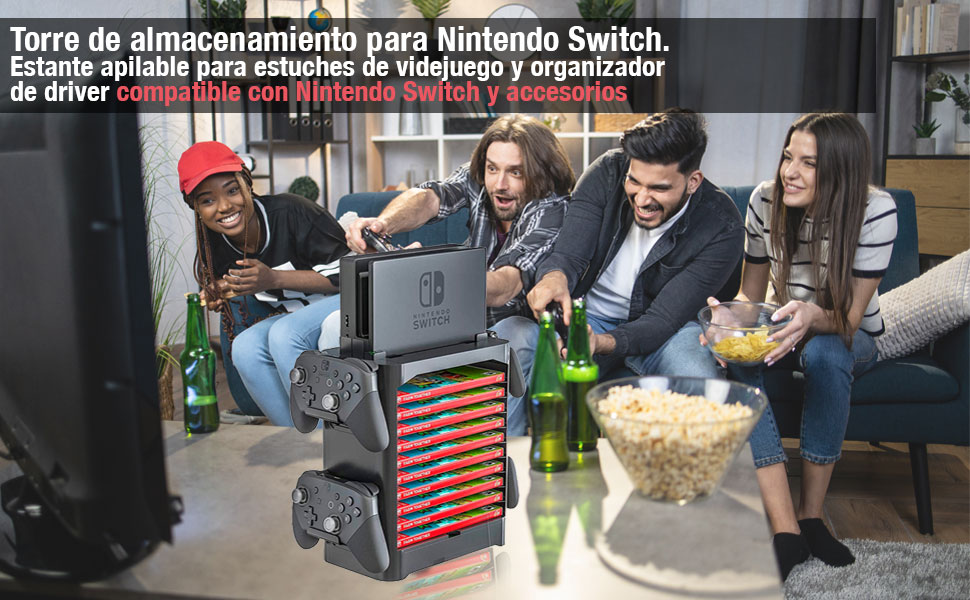 Torre de almacenamiento para Nintendo Switch. Estante apilable para estuches de videjuego y organizador de driver compatible con Nintendo Switch y accesorios
