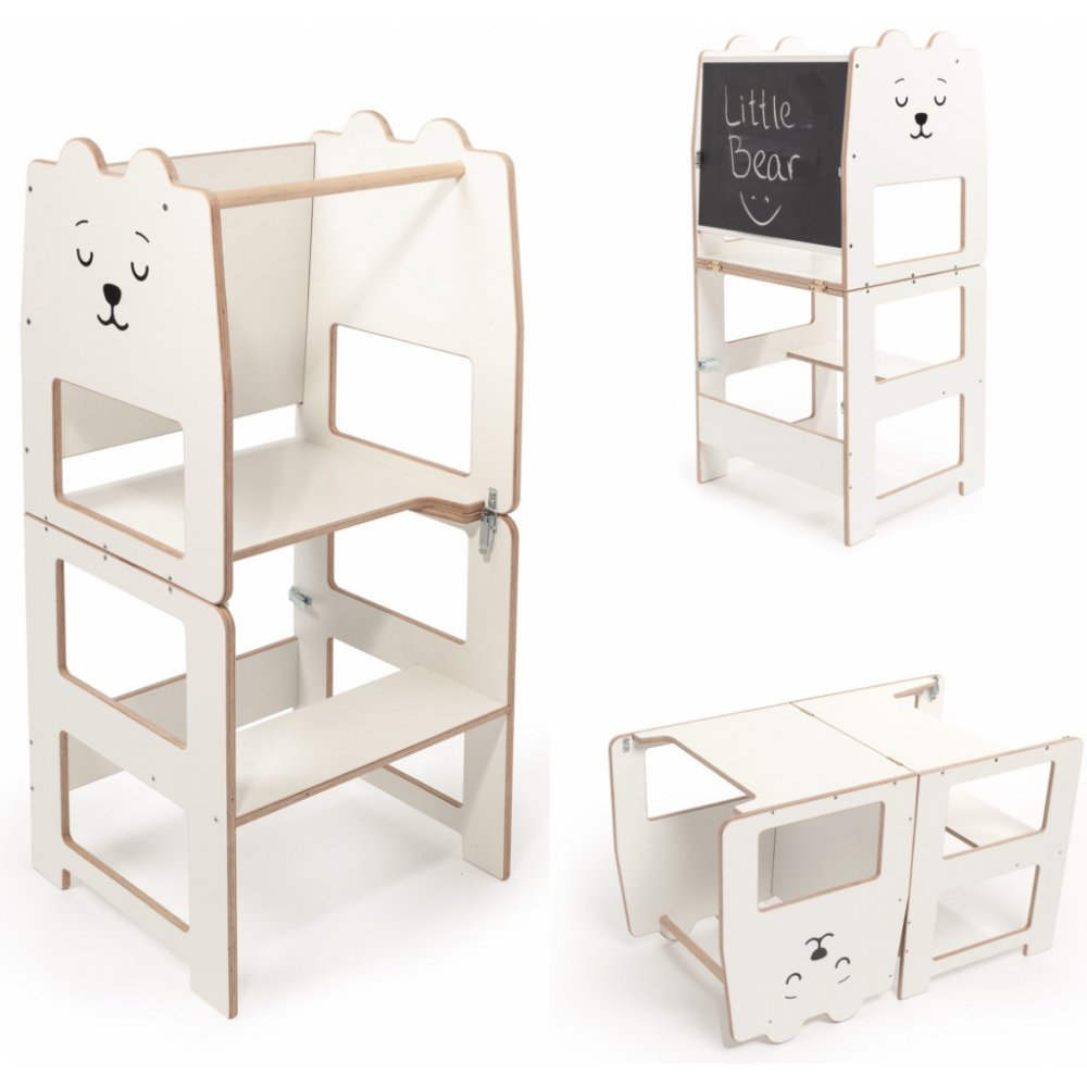 Torre de desarrollo Montessori 3 en 1. Mesa, escritorio con pizarrón para niños BLANCA 