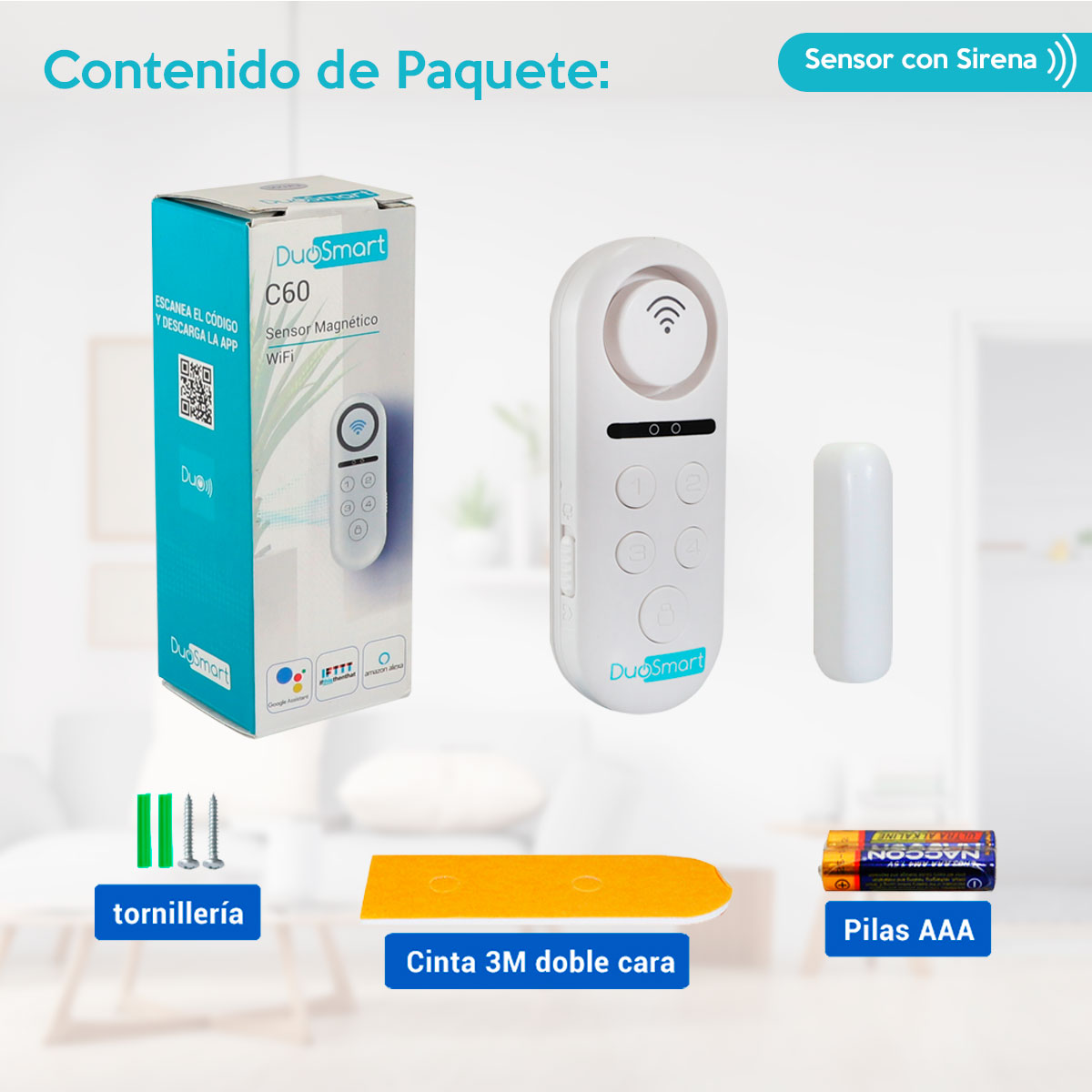 Sensor Wifi Puerta/ventana Con Sirena Alexa/google/tuya C60