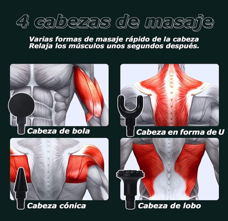 Pistola De Masaje Muscular 6 Cabezales 30 Niveles Negro