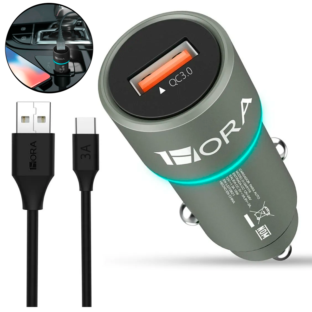 Turbo Cargador Para Auto Qc 3.0 Plug In 1hora Combo Cargador Para Automovil