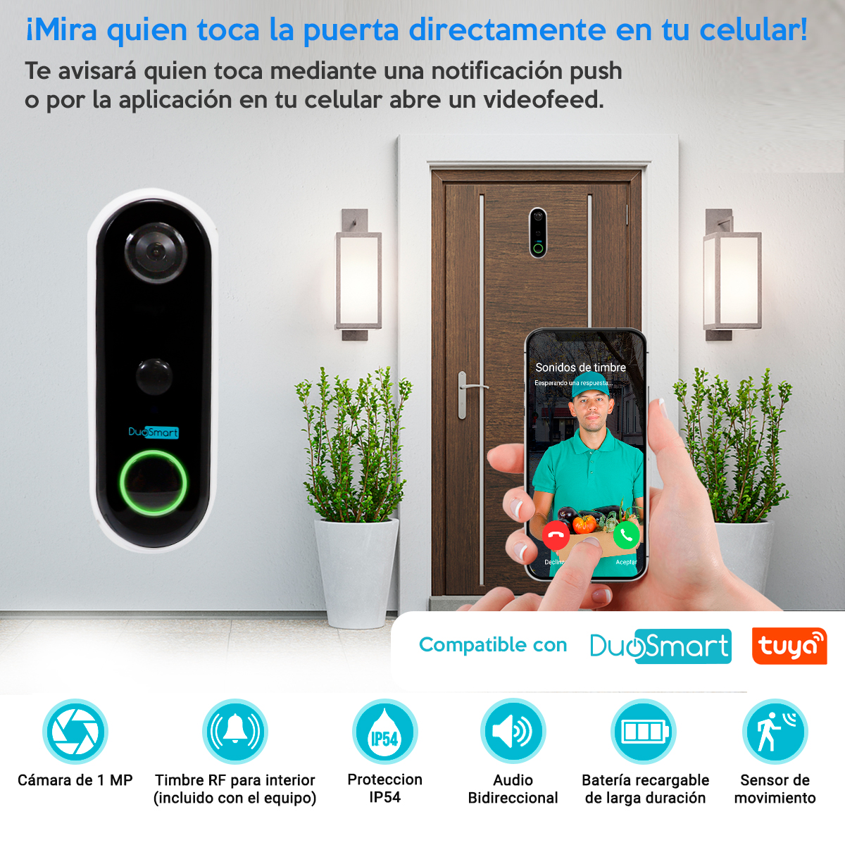 Videoportero Wifi Recargable Con Timbre Tuya Notificación a tu celular de quien toca la puerta E50 Duosmart