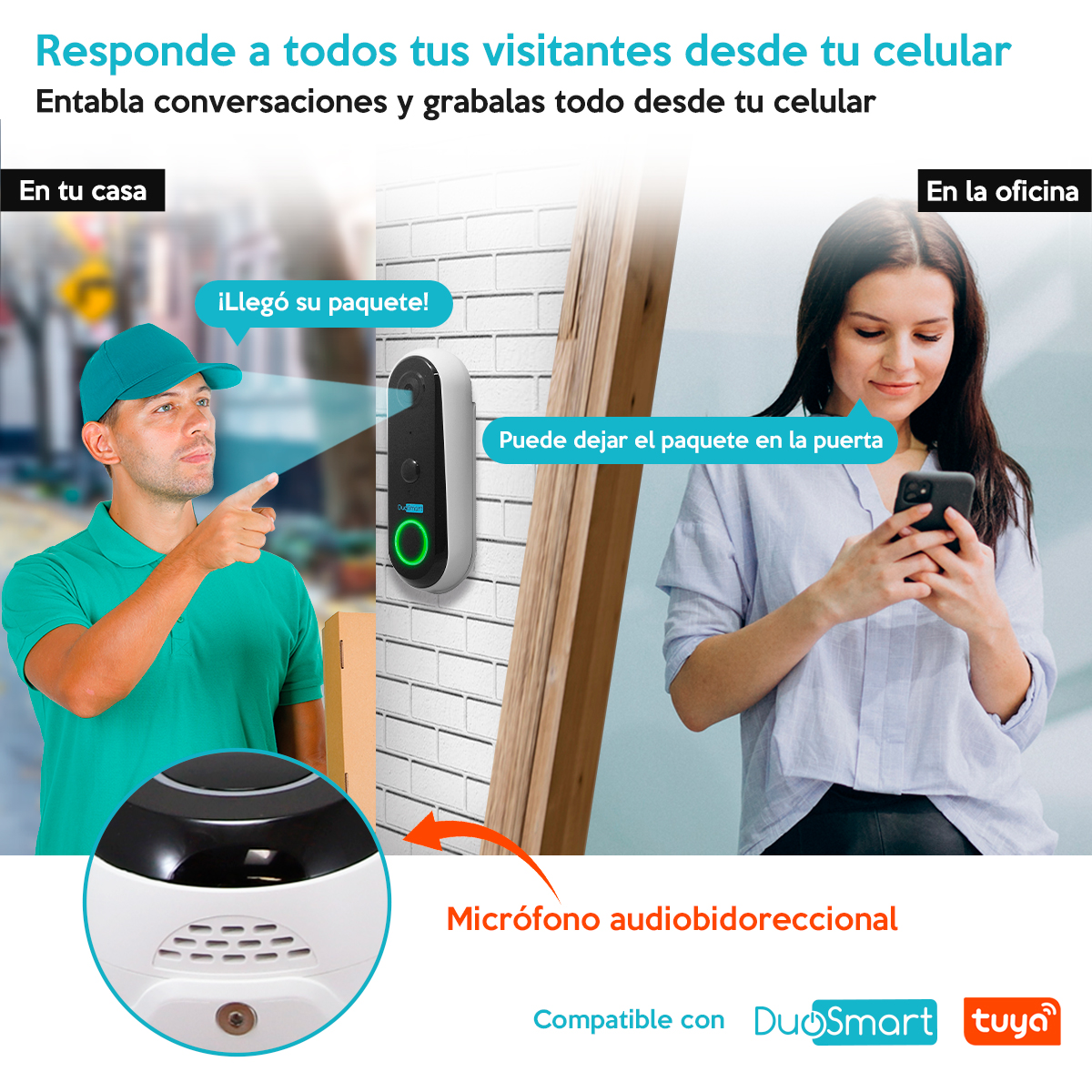 Videoportero Wifi Recargable Con Timbre Tuya Notificación a tu celular de quien toca la puerta E50 Duosmart