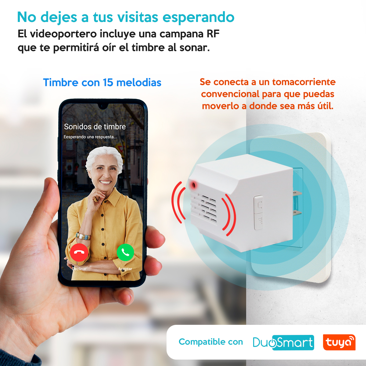 Videoportero Wifi Recargable Con Timbre Tuya Notificación a tu celular de quien toca la puerta E50 Duosmart