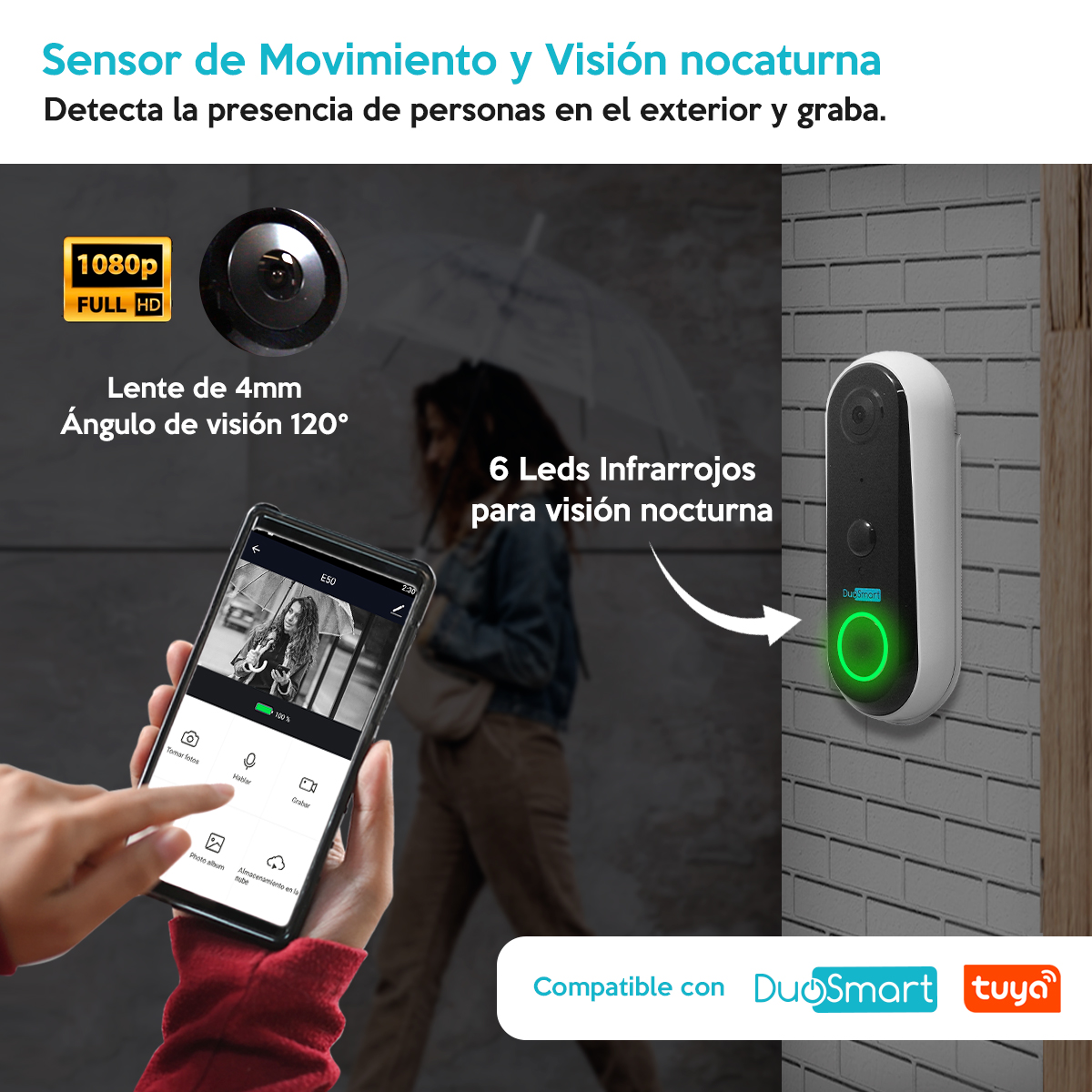 Videoportero Wifi Recargable Con Timbre Tuya Notificación a tu celular de quien toca la puerta E50 Duosmart