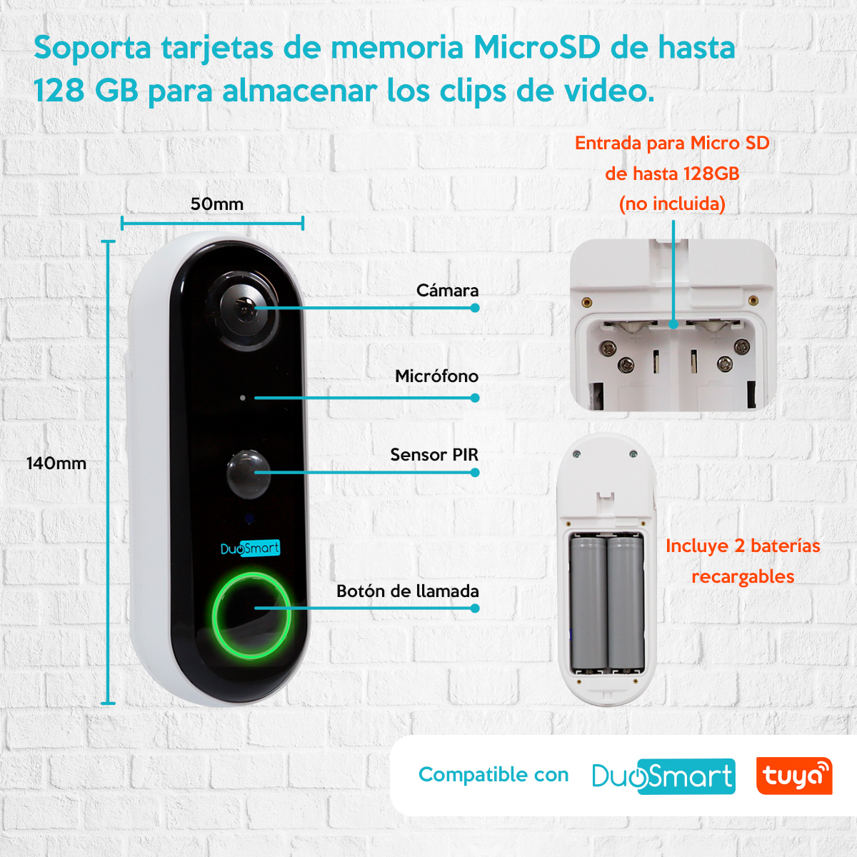 Videoportero Wifi Recargable Con Timbre Tuya Notificación a tu celular de quien toca la puerta E50 Duosmart