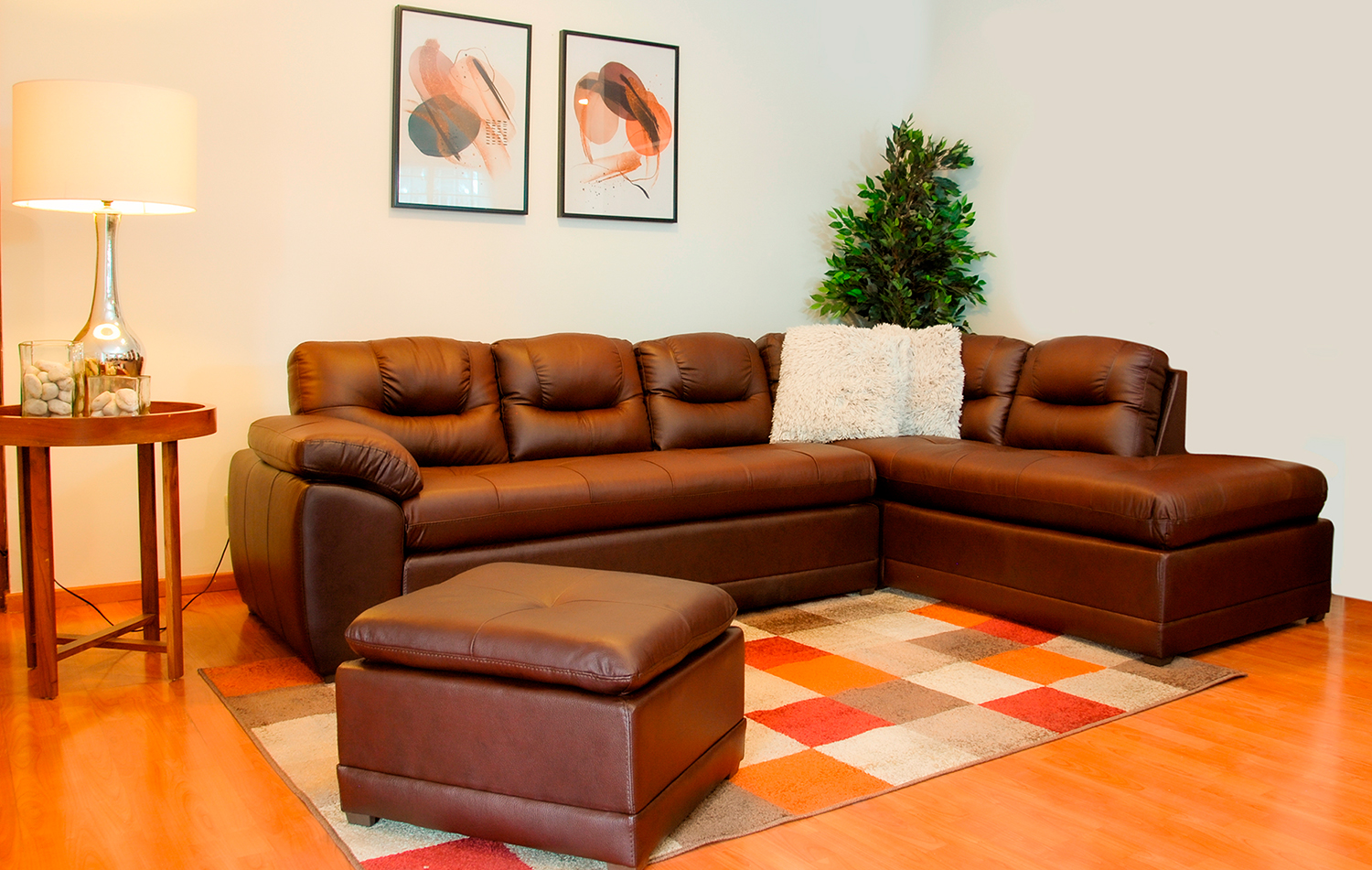 Sala de Piel Genuina Esquinera Derecha Sofa y Cheise Verona Color Tabaco - ConfortoPiel