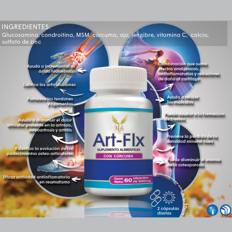 Art-Flx articulaciones, con Cúrcuma, Ajo,Jengibre,Calcio, Frasco de 60 capsulas