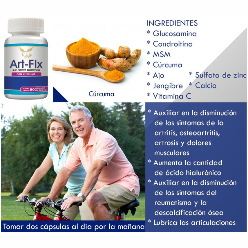 Art-Flx articulaciones, con Cúrcuma, Ajo,Jengibre,Calcio, Frasco de 60 capsulas
