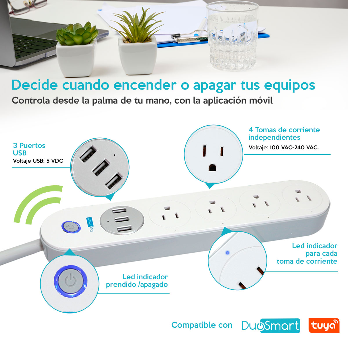 Barra Multicontacto Wifi 4 Contactos/3 Usb Temporizador Manejo desde la Palma de tu Mano B50 Duosmart