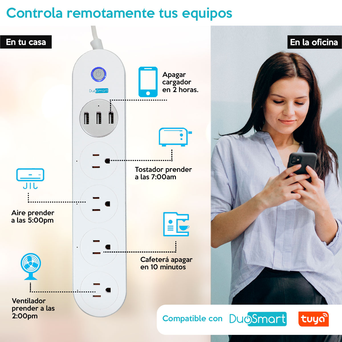 Barra Multicontacto Wifi 4 Contactos/3 Usb Temporizador Manejo desde la Palma de tu Mano B50 Duosmart