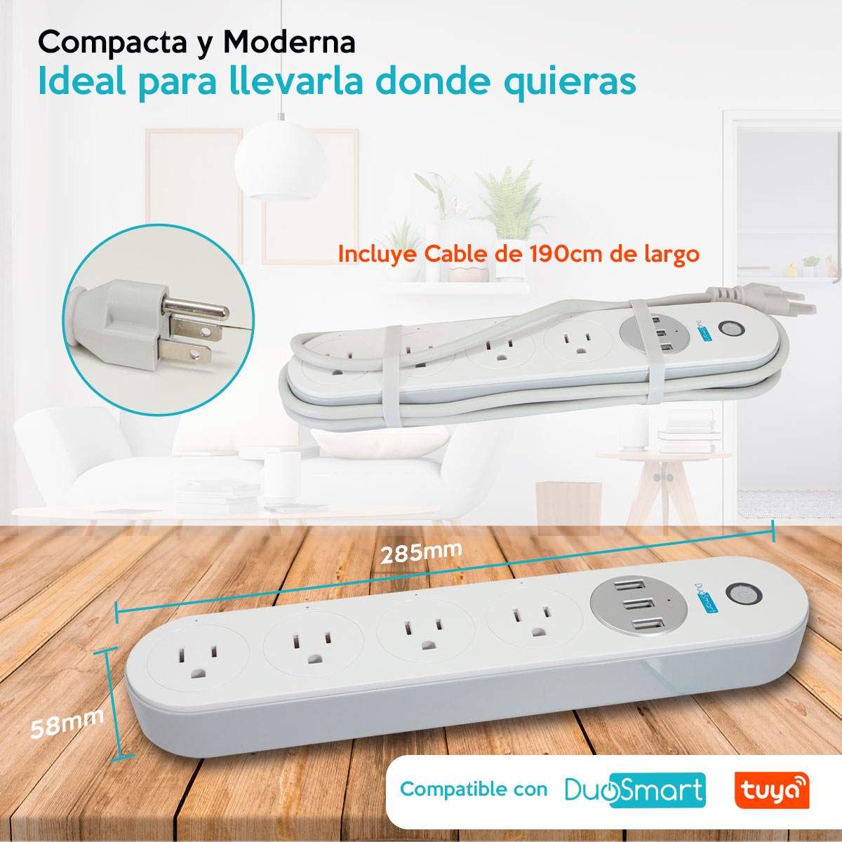 Barra Multicontacto Wifi 4 Contactos/3 Usb Temporizador Manejo desde la Palma de tu Mano B50 Duosmart