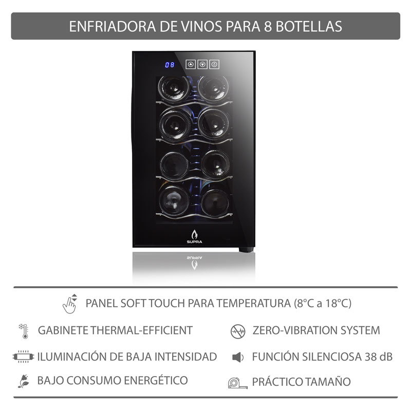 Enfriador de vinos SUPRA CAVA8-B para 8 botellas con temperatura ajustable