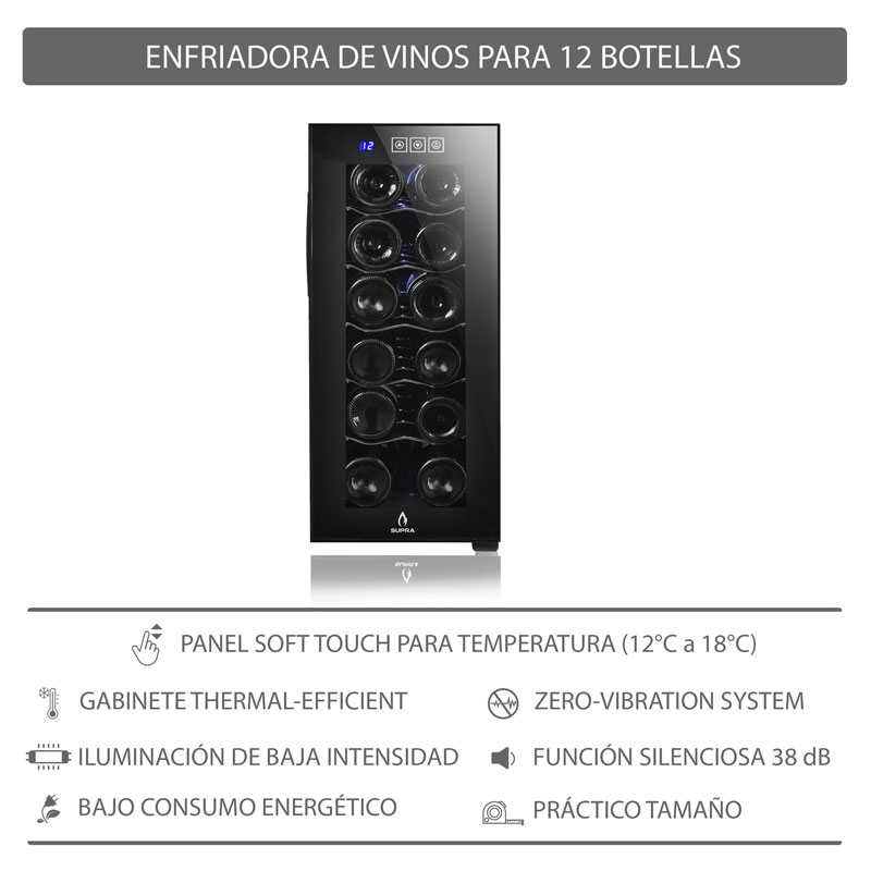 Enfriador de vinos SUPRA CAVA12-B para 12 botellas con temperatura ajustable