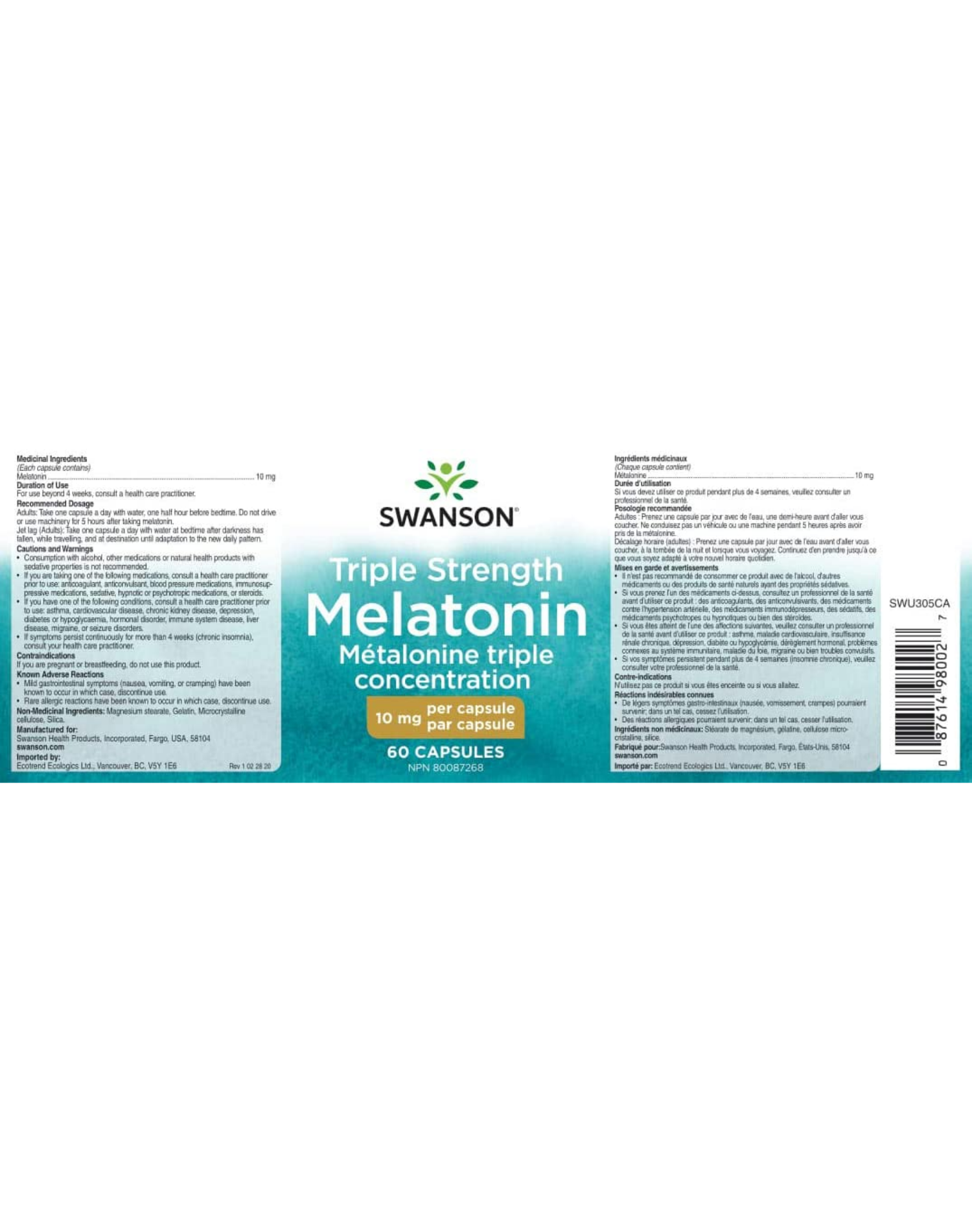 Swanson Triple Strength Melatonin 10 mg 60 caps. Suplementos Melatonina Relajante Dormir Descanso Capsulas Vigilia