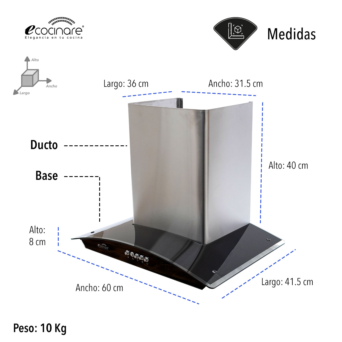 Campana Extractora de Cocina - Empotrable - Botones Acero Inoxidable y Vidrio Templado, Extractora y Purificadora, 3 Velocidades de Succión, Iluminacion LED, Filtros Metalicos (60 cm).