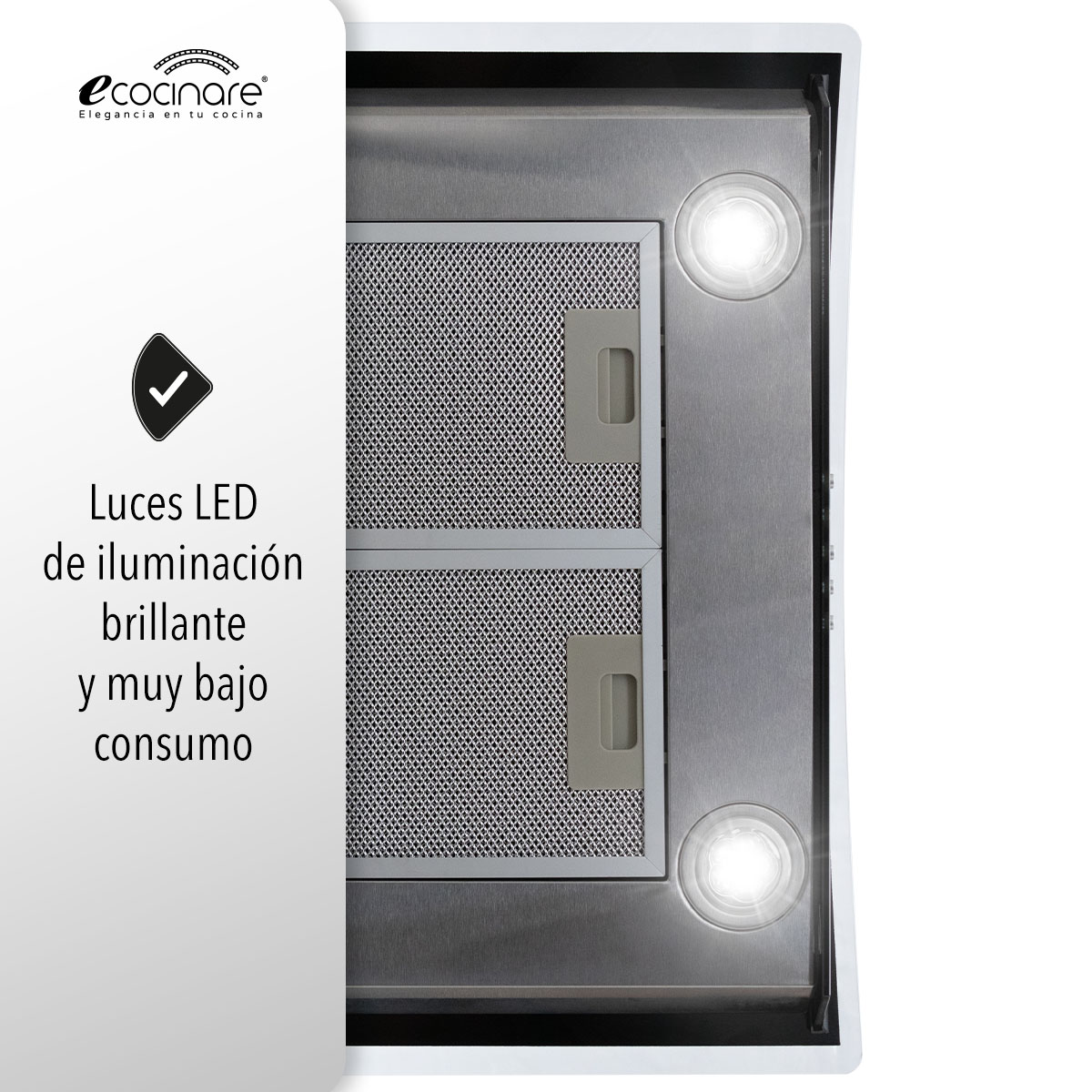 Campana Extractora de Cocina - Empotrable - Botones Acero Inoxidable y Vidrio Templado, Extractora y Purificadora, 3 Velocidades de Succión, Iluminacion LED, Filtros Metalicos (60 cm).