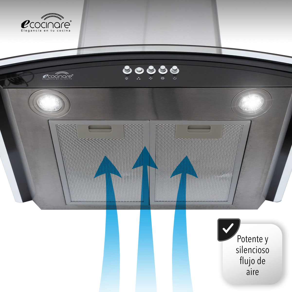 Campana Extractora de Cocina - Empotrable - Botones Acero Inoxidable y Vidrio Templado, Extractora y Purificadora, 3 Velocidades de Succión, Iluminacion LED, Filtros Metalicos (60 cm).