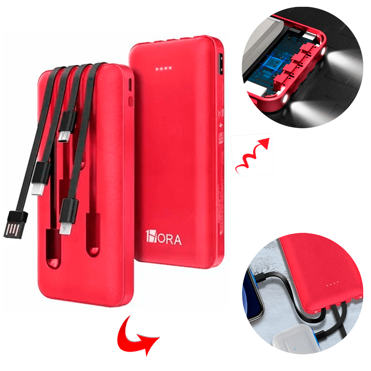 Power Bank Batería Portátil Con Lampara 10000 mah 1hora Pila Portatil Compatibilidad Universal Color Rojo