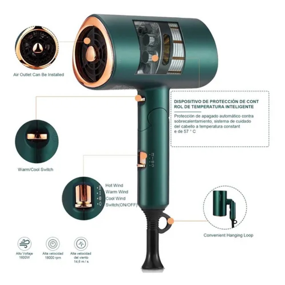 Secadora De Cabello Profesional Portátil De 1600w Y 3 Veloc