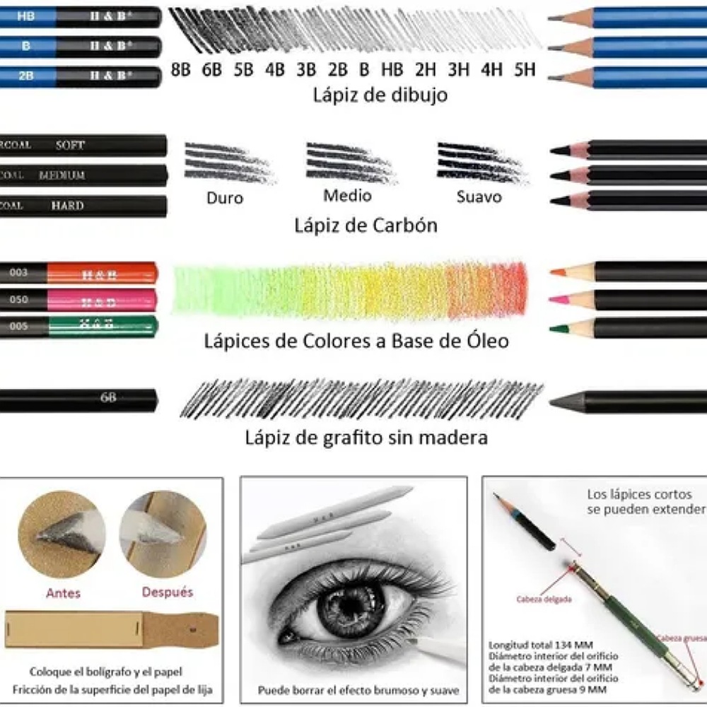 Set 145 Lápices De Dibujo De Colores Metálicos Grafito H&b