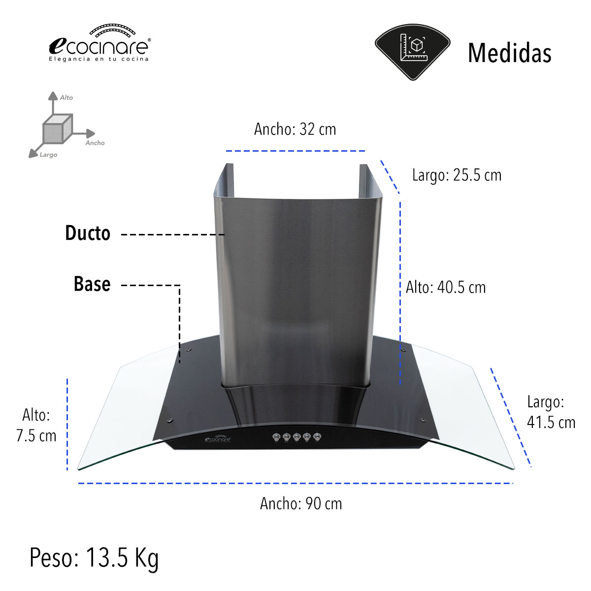Campana Extractora de Cocina - Empotrable - Botones Acero Inoxidable y Vidrio Templado, Extractora y Purificadora, 3 Velocidades de Succión, Iluminacion LED, Filtros Metalicos (90 cm).