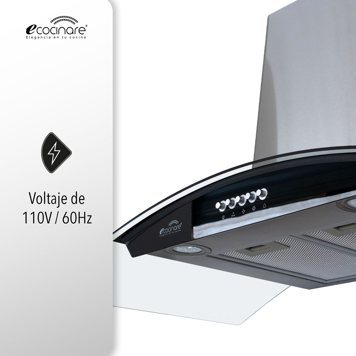 Campana Extractora de Cocina - Empotrable - Botones Acero Inoxidable y Vidrio Templado, Extractora y Purificadora, 3 Velocidades de Succión, Iluminacion LED, Filtros Metalicos (90 cm).