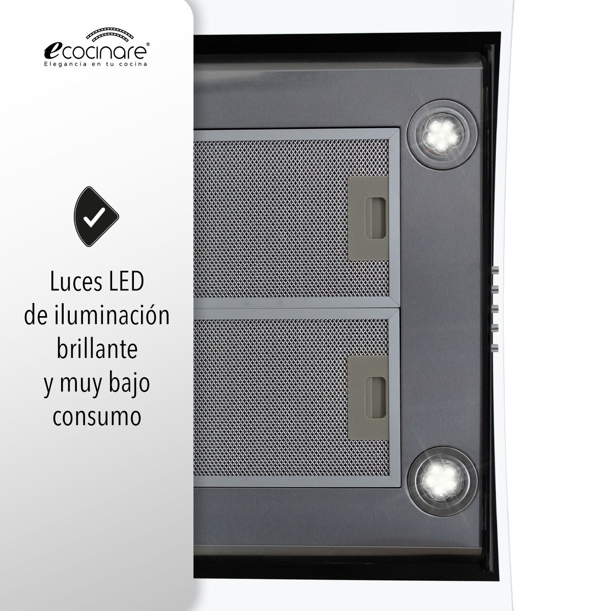 Campana Extractora de Cocina - Empotrable - Botones Acero Inoxidable y Vidrio Templado, Extractora y Purificadora, 3 Velocidades de Succión, Iluminacion LED, Filtros Metalicos (90 cm).