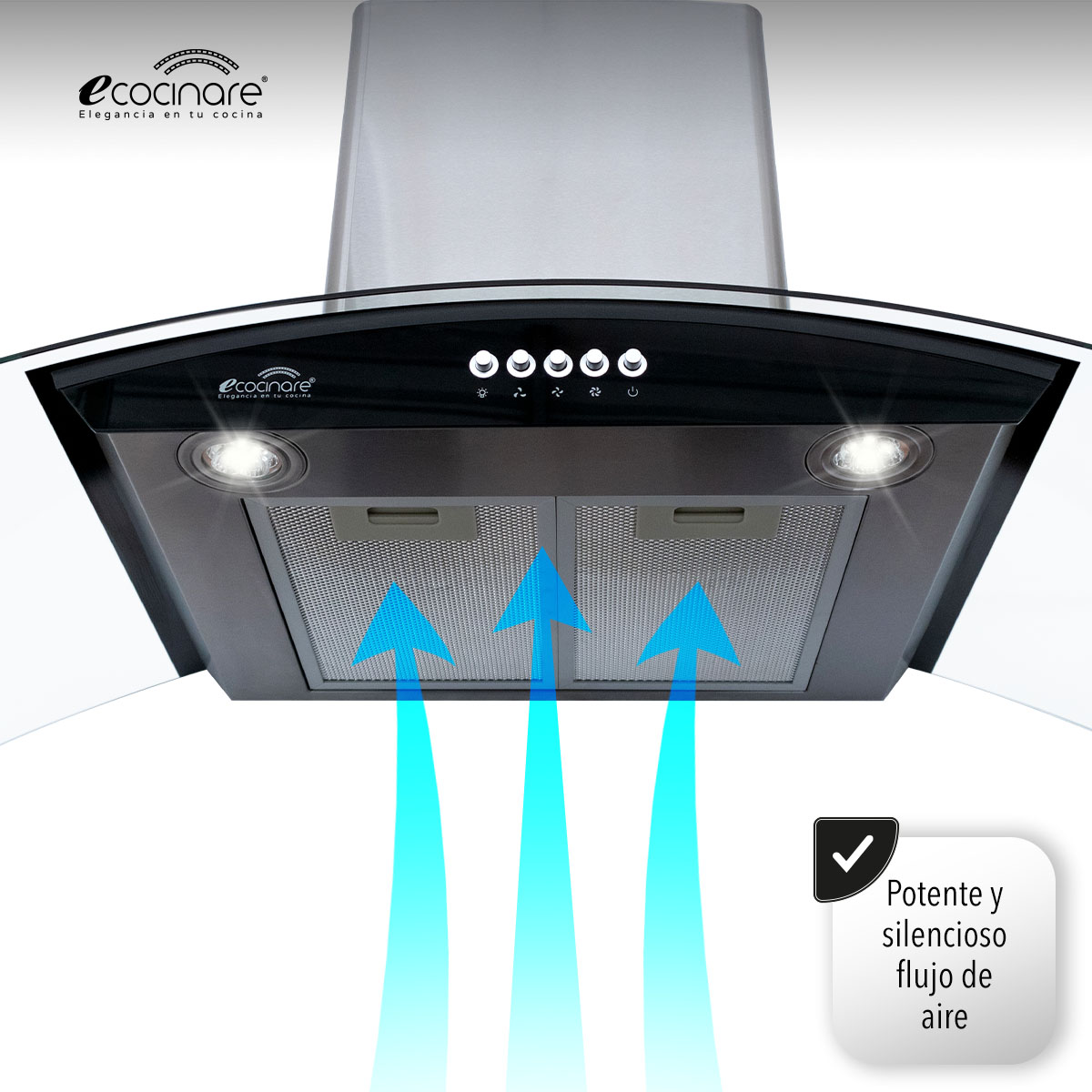 Campana Extractora de Cocina - Empotrable - Botones Acero Inoxidable y Vidrio Templado, Extractora y Purificadora, 3 Velocidades de Succión, Iluminacion LED, Filtros Metalicos (90 cm).