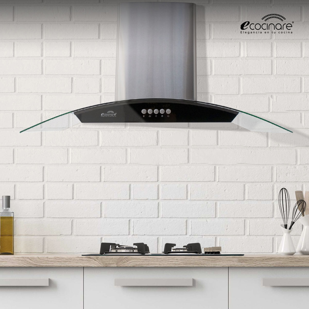 Campana Extractora de Cocina - Empotrable - Botones Acero Inoxidable y Vidrio Templado, Extractora y Purificadora, 3 Velocidades de Succión, Iluminacion LED, Filtros Metalicos (90 cm).