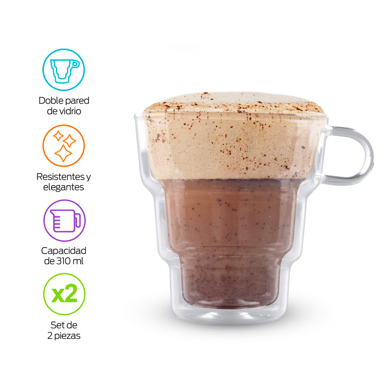 Tazas para Café Innovador Cristal de Doble Pared 2 Pz 310ml Redlemon
