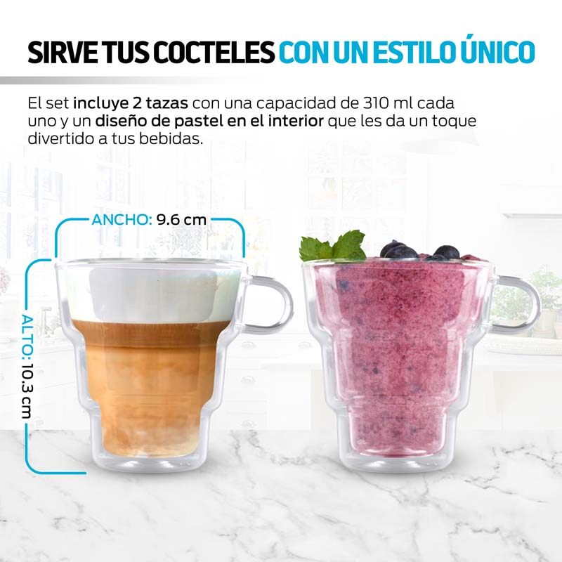 Tazas para Café Innovador Cristal de Doble Pared 2 Pz 310ml Redlemon
