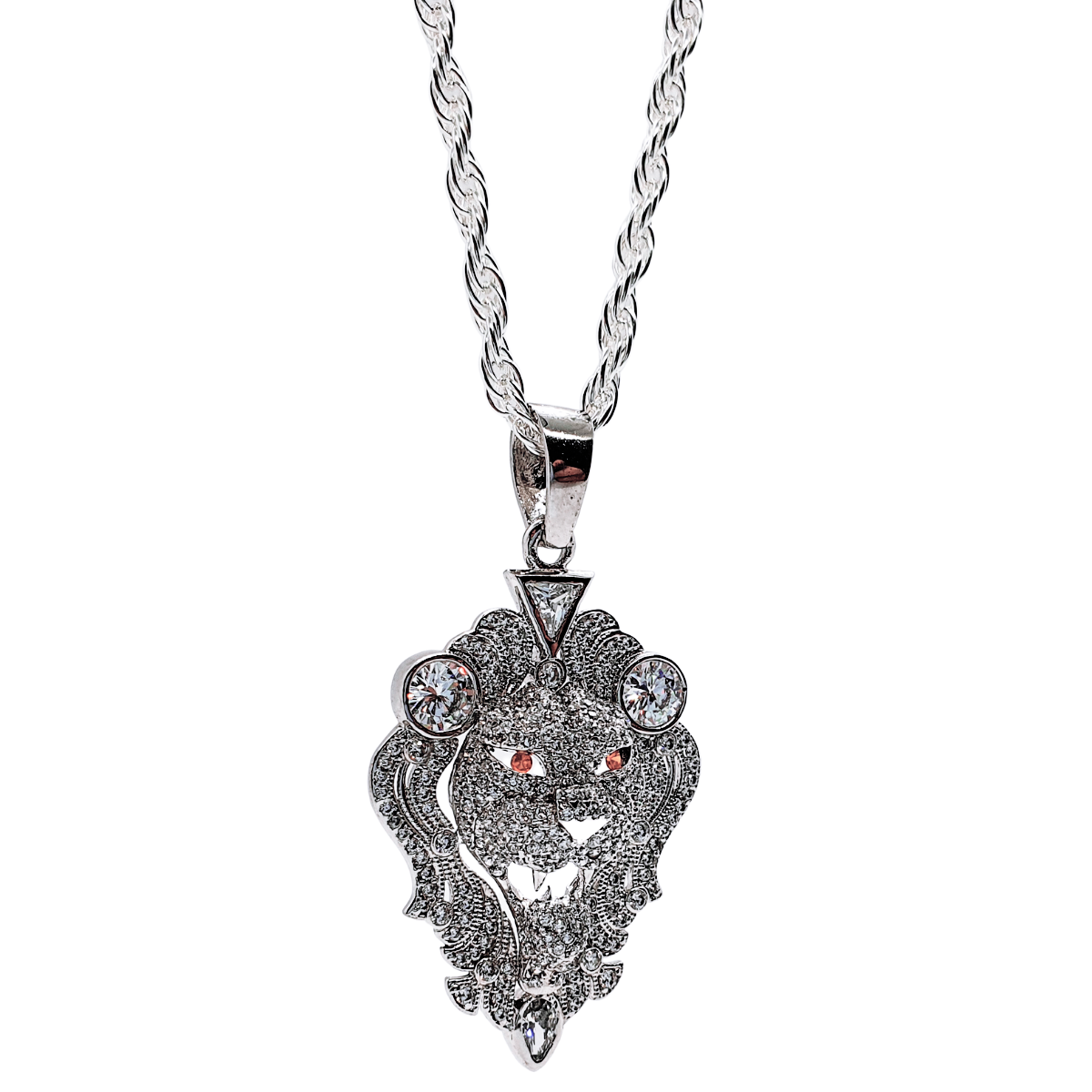 Dije León de Plata .925 Hombre con cadena torzal Piedra zirconia suiza y baño de rodio Joyeria Incluye caja de regalo