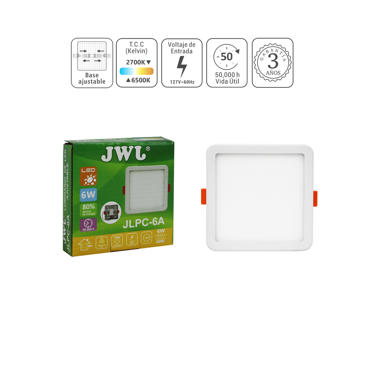 LAMPARA LED DE EMPOTRAR AJUSTABLE 6W LUZ BLANCA MARCA JWJ