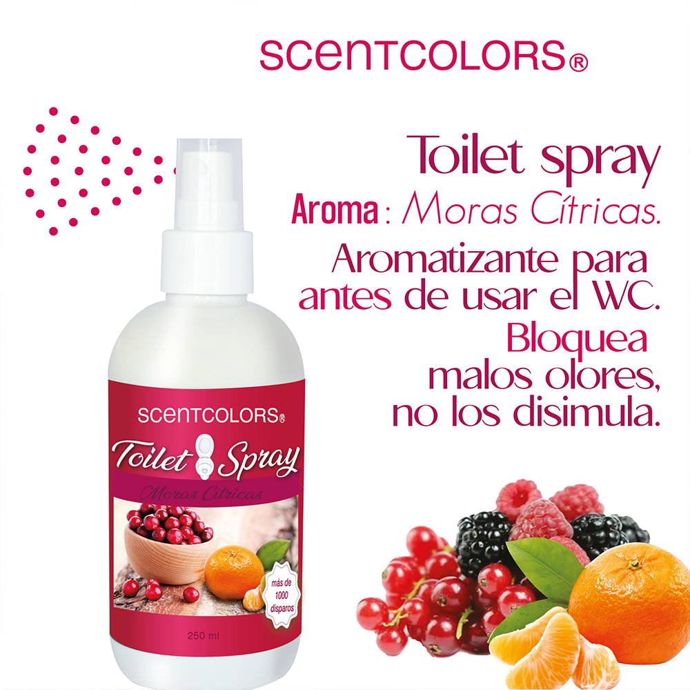 SCENT COLORS - Toilet Spray para antes de ir al baño - 250 ml Aromatizante para WC - Bloquea malos olores en el baño no los disimula - Ideal para baños de casa y oficina (250 ml, Moras Citricas)