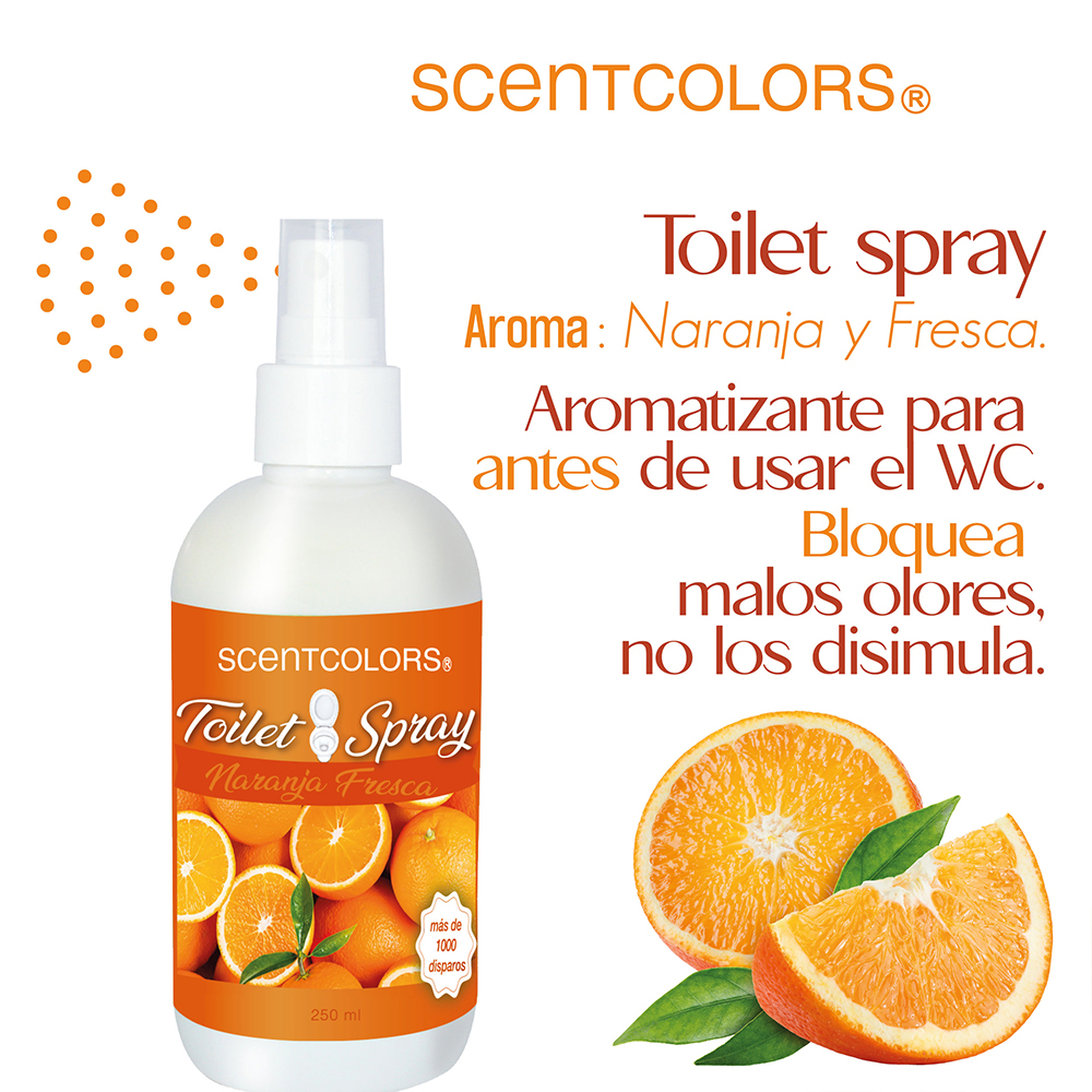 SCENT COLORS - Toilet Spray para antes de ir al baño - 250 ml Aromatizante para WC - Bloquea malos olores en el baño no los disimula - Ideal para baños de casa y oficina (250 ml, Naranja Fresca)