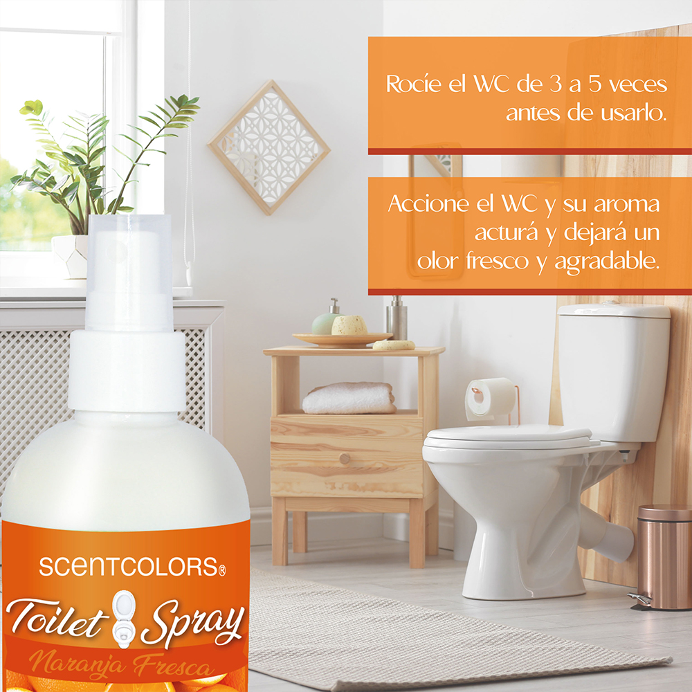 SCENT COLORS - Toilet Spray para antes de ir al baño - 250 ml Aromatizante para WC - Bloquea malos olores en el baño no los disimula - Ideal para baños de casa y oficina (250 ml, Naranja Fresca)