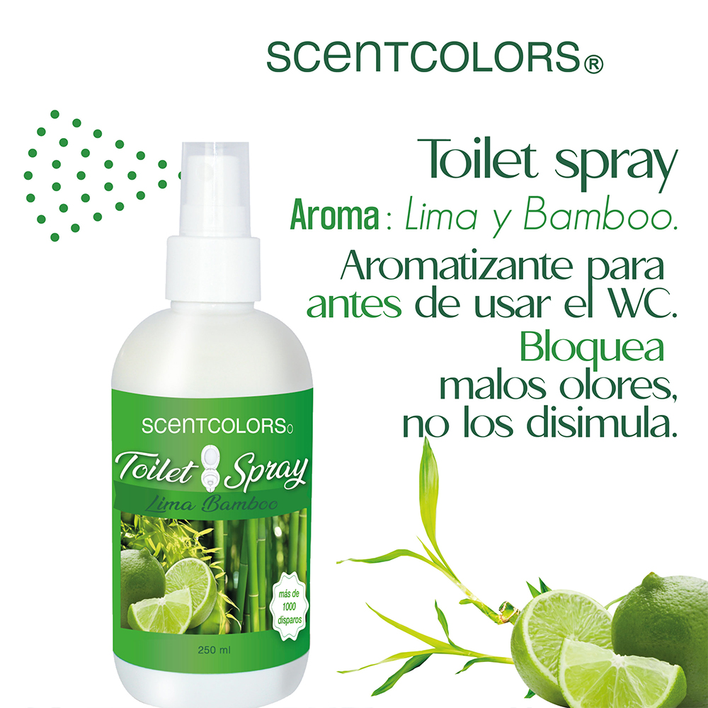 SCENT COLORS - Toilet Spray para antes de ir al baño - Aromatizante para WC - Bloquea malos olores en el baño no los disimula - Ideal para baños de casa y oficina (250 ml, Lima Bambú)