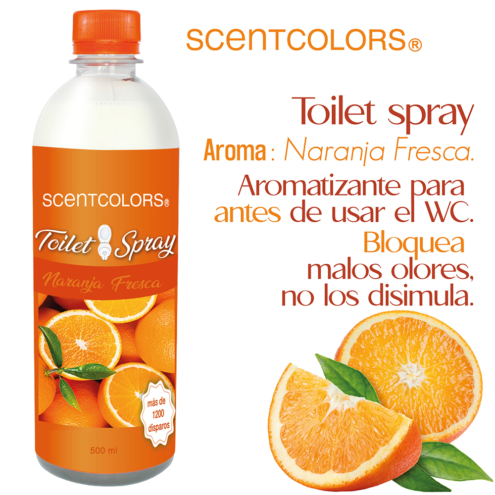 SCENT COLORS - Toilet Spray para antes de ir al baño - 500ml Aromatizante para WC - Bloquea malos olores en el baño no los disimula - Ideal para baños de casa y oficina (500 ml, Naranja Fresca)