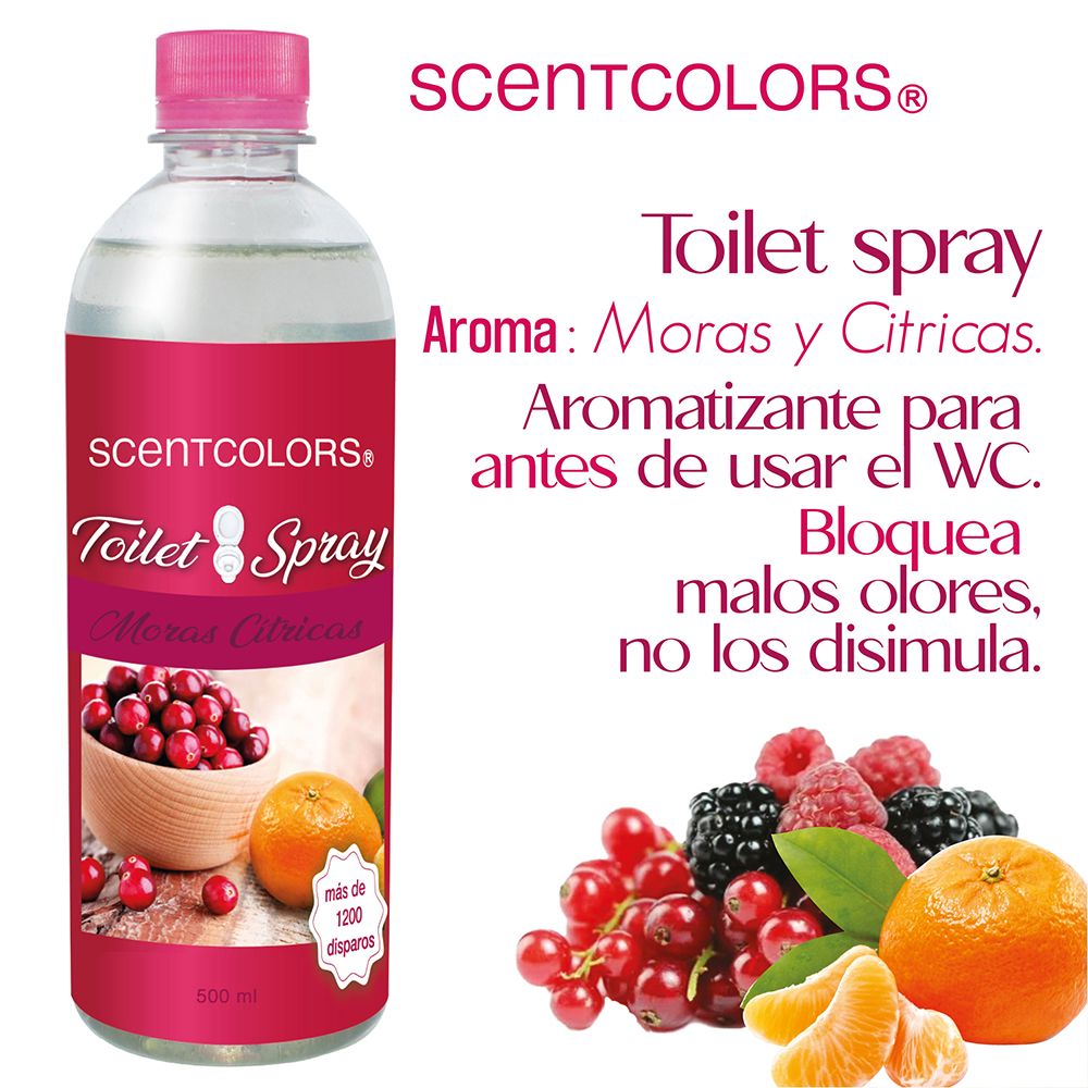 SCENT COLORS - Toilet Spray para antes de ir al baño - 500ml Aromatizante para WC - Bloquea malos olores en el baño no los disimula - Ideal para baños de casa y oficina (500 ml, Moras Citricas).