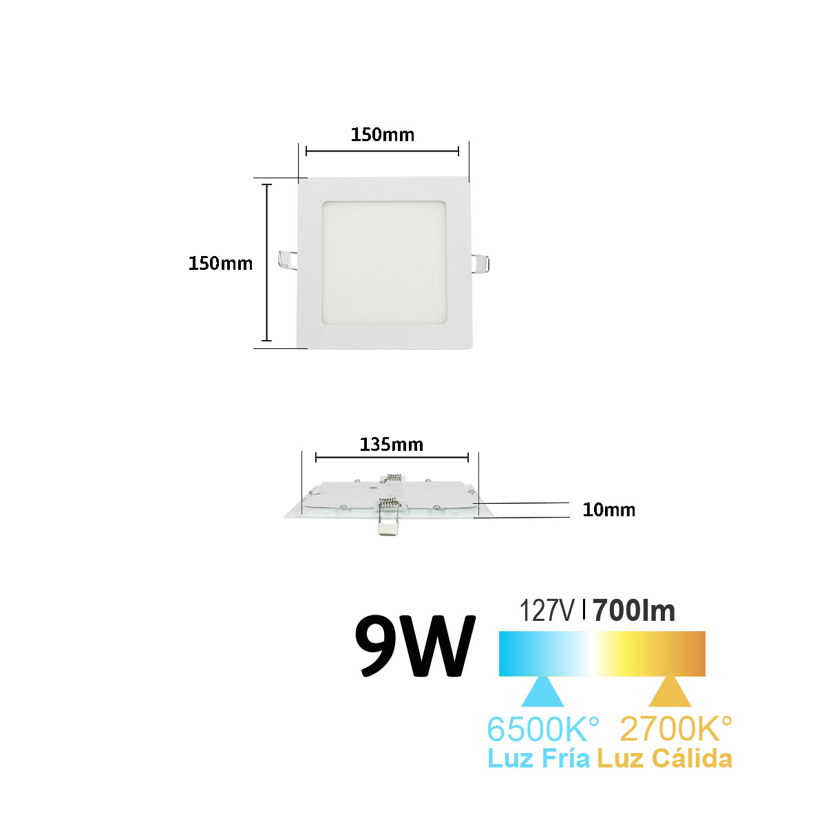 Lampara led de empotrar cuadrada luz blanca 9w marca jwj