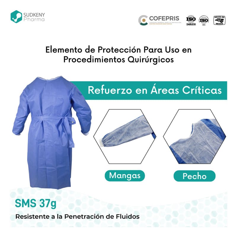 Bata quirúrgica desechable con refuerzo, SUDKENY PHARMA (5 piezas)