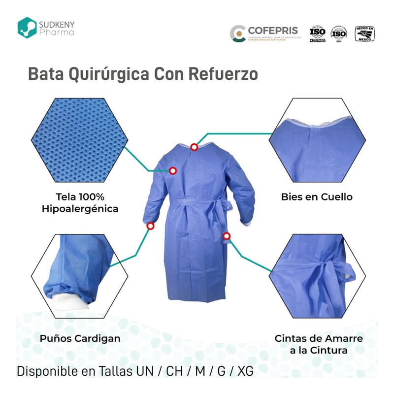 Bata quirúrgica desechable con refuerzo, SUDKENY PHARMA (5 piezas)