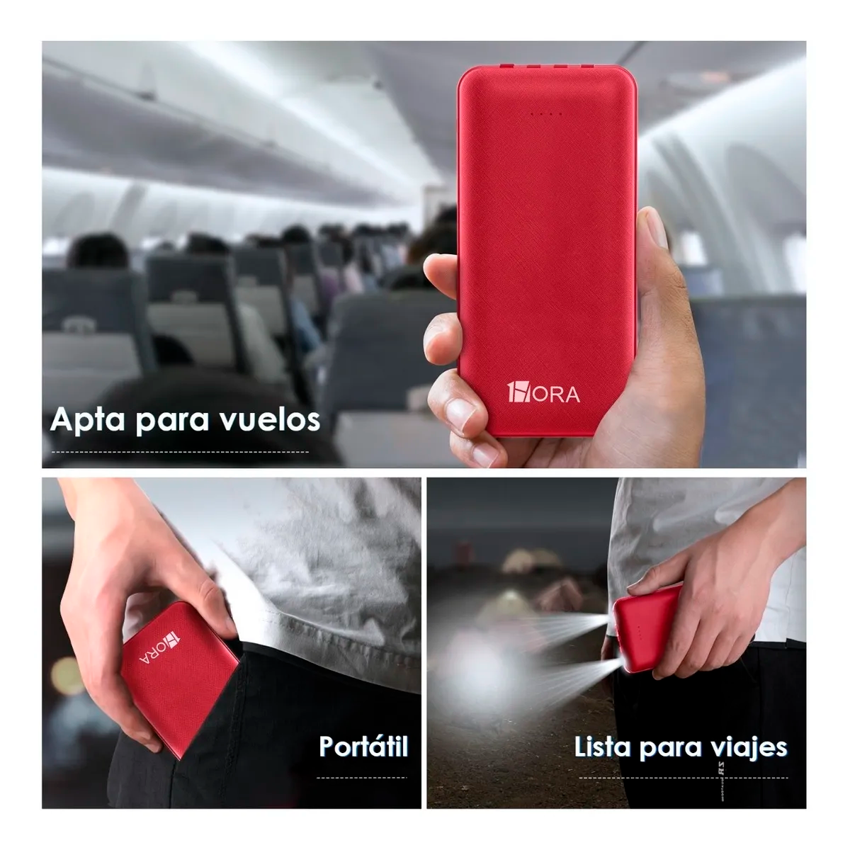 Power Bank Batería Portátil Con Lampara 10000 mah 1hora Pila Portatil Compatibilidad Universal Color Rojo