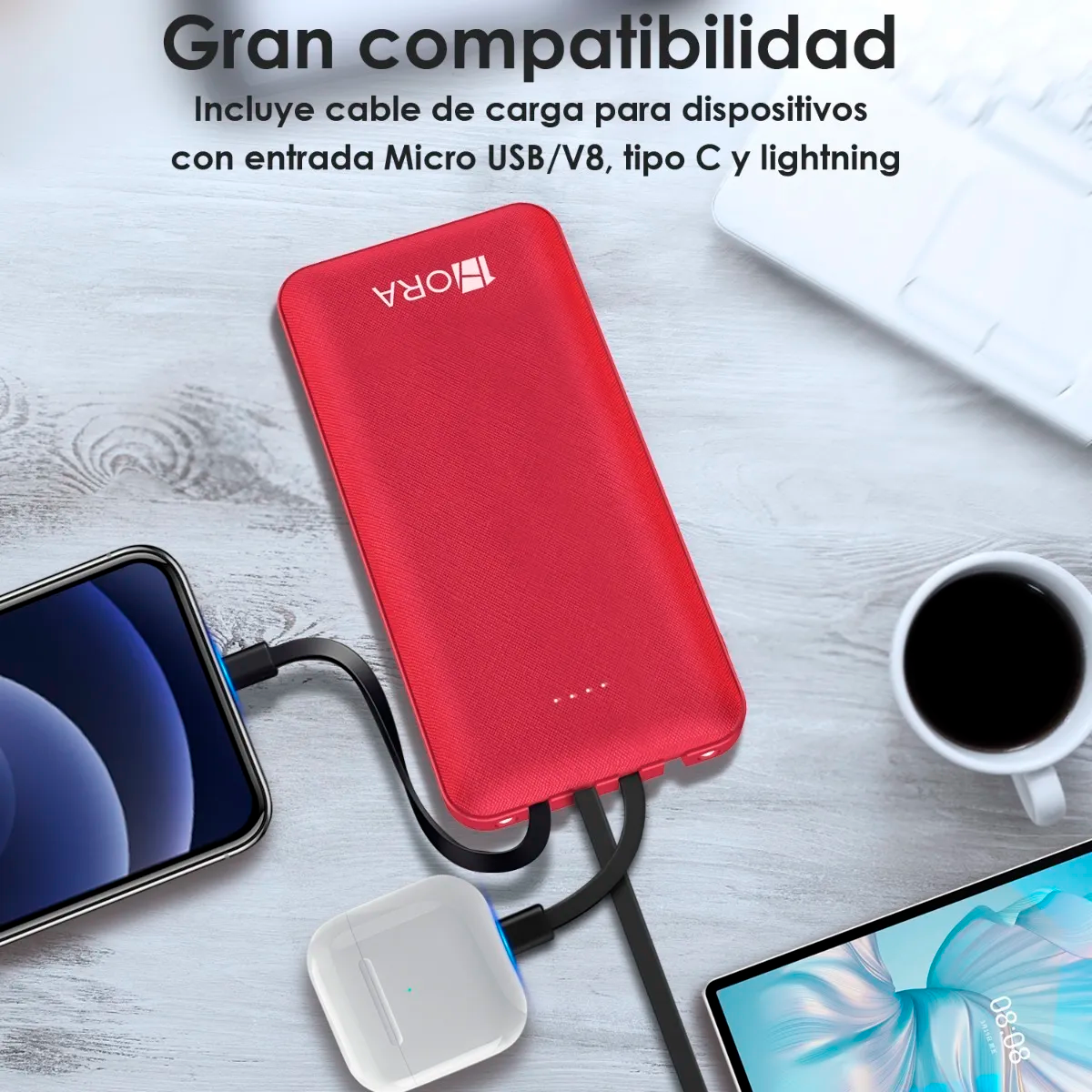 Power Bank Batería Portátil Con Lampara 10000 mah 1hora Pila Portatil Compatibilidad Universal Color Rojo